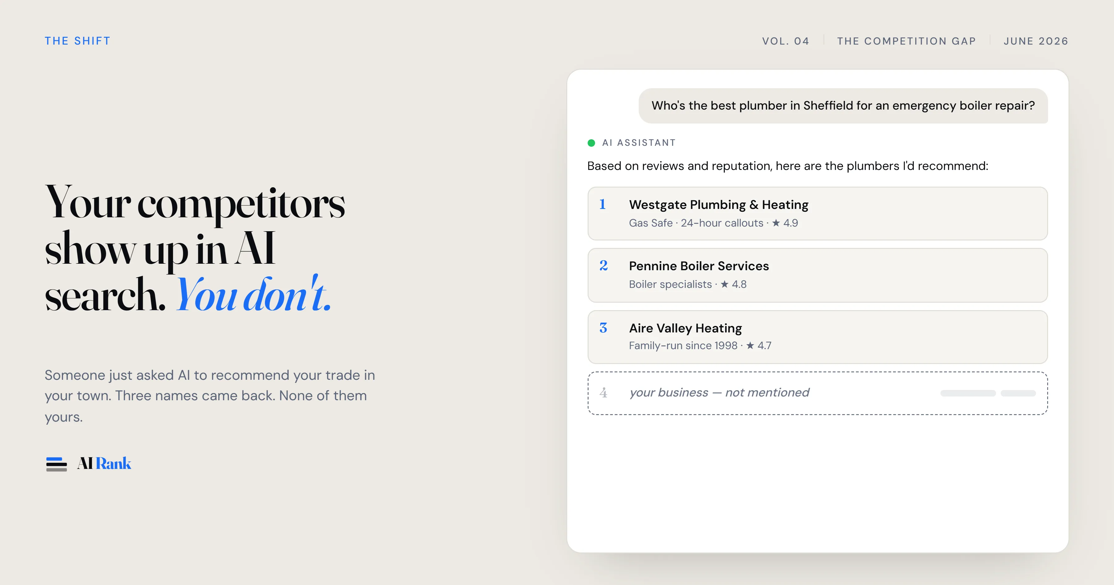 AI chat interface showing three competitor businesses recommended by name with a fourth empty slot reading your business - not mentioned